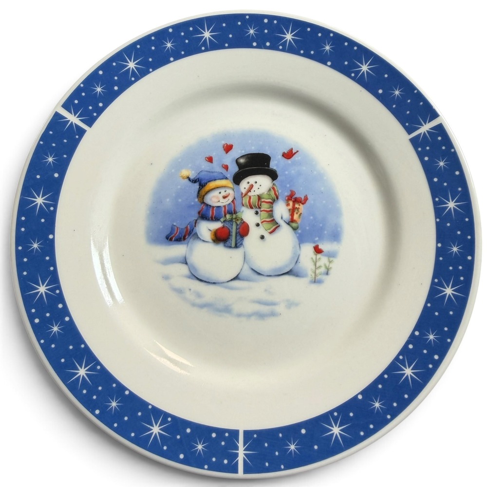 Set of 3 Snowman Christmas Appetizer Plates Blue Star Border Winter Holiday
